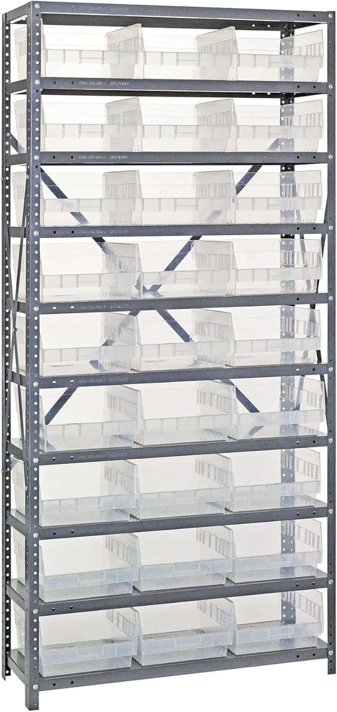 Quantum 1875-210CL Heavy Duty Shelving Unit with (13) Shelves and (27) QSB210 Clear Bins for Industrial Warehouse Storage Distribution | 400 lbs Capacity | 18"D x 36"L x 75"H, Galvanized Carbon Steel
