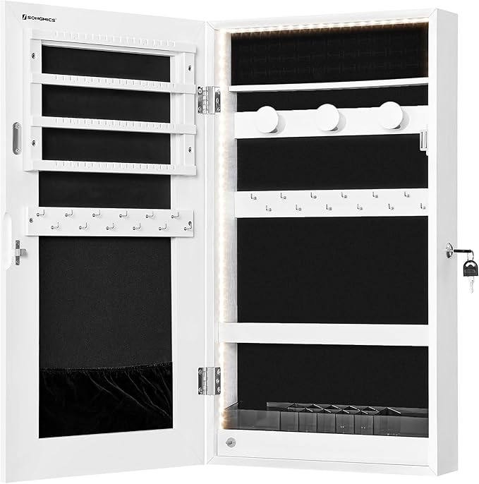 SONGMICS Mirror Jewelry Cabinet Armoire with Built-in LED Lights, Wall or Door Mounted Jewelry Storage Organizer, 3.8 x 14.6 x 26.4 Inches Hanging Mirror Cabinet, Christmas Gift Idea, White UJJC050W01