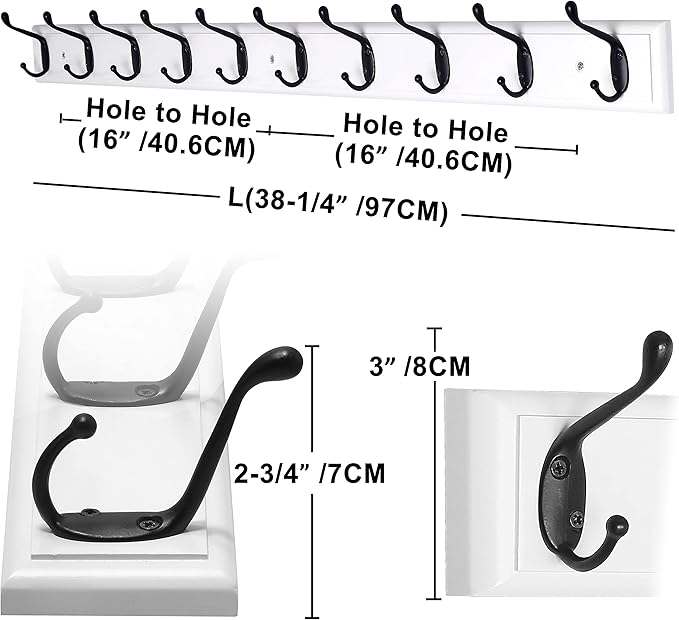 Dseap Coat Rack Wall Mounted: 10-Hooks, 16" Hole to Hole, 38-1/4" Long, Wood Coat Hooks Wall Mounted, Hook Rack, Hook Rail, Hooks for Hanging Coats, White & Black