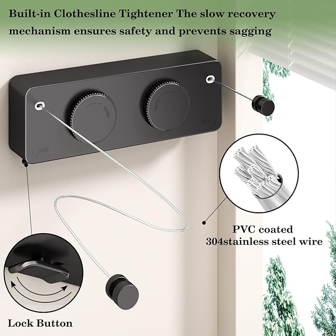 Danpoo Retractable Clothesline, Anti-Sag Adjustable Knob Heavy-Duty Clothes Line for Indoors/Outdoors with 2 * 13.8ft Stainless Steel Wire, Laundry Wall Drying Solutions,Black