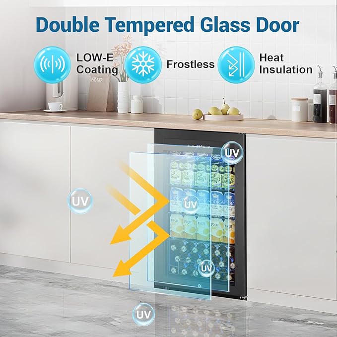 Mini Fridge 3.2 Cu.Ft Small Beverage Refrigerator 126 Can Lockable Drink Cooler with Glass Door, Safety Lock, for Beer Soda Black