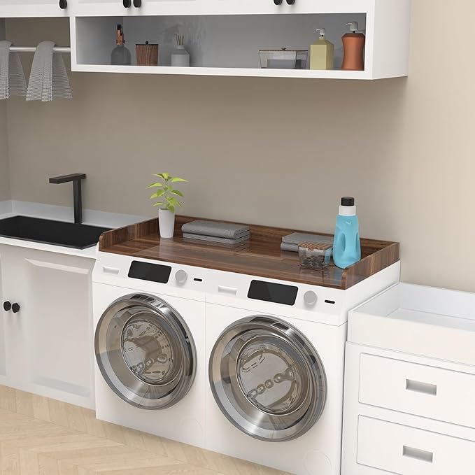 Washer Dryer Countertop, Laundry Room Wood Countertop with Edge, 54" x 27.5" Top Cover for Laundry Machine, Washer and Dryer Wood Shelf Topper for Laundry Room Counter Storage Organization, Walnut