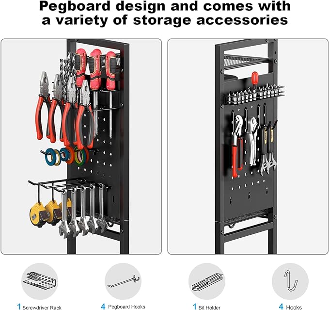 CCCEI Garage Power Tools Organizer Cart with Charging Station, Black Floor Standing Rolling Drill and Tools Battery Storage Cart on Wheels. Utility Rack Gift for Men, Husband, Father.