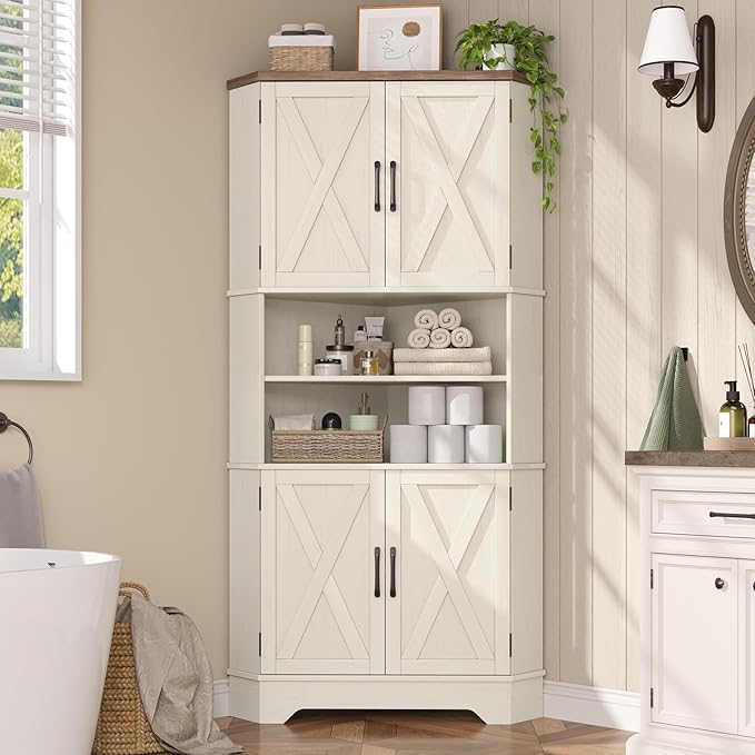 Corner Cabinet, 67''H Kitchen Pantry Storage Cabinet, 6-Tier Corner Food Pantry Hutch with 4 Barn Doors and Shelves, Tall Farmhouse Furniture for Kitchen Dining Living Room, White