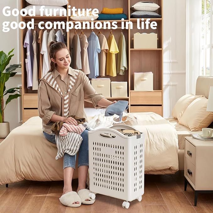 Rolling Laundry Hamper with Wheels White Plastic Storage Bin with Handles, 14W×11D×21H Large Capacity for Small Spaces, Bedroom & Bathroom