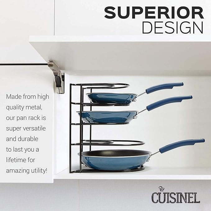 Cuisinel Heavy Duty Pots and Pans Organizer Rack - 12.2"-Inch Tall - 5 Tier Rack - Holds 50 LB - Cast Iron Skillets, Griddles, Shallow Cookware - Space Saving Kitchen Storage - No Assembly Required