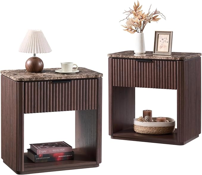 Fluted Nightstand Set of 2, Bedside Table with Faux Marble-Top, Engineered Wood Side Table with Drawer Open Shelf, Curved Corners, Modern Night Stand for Bedroom, Small Spaces, Dark Oak