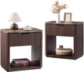 Fluted Nightstand Set of 2, Bedside Table with Faux Marble-Top, Engineered Wood Side Table with Drawer Open Shelf, Curved Corners, Modern Night Stand for Bedroom, Small Spaces, Dark Oak