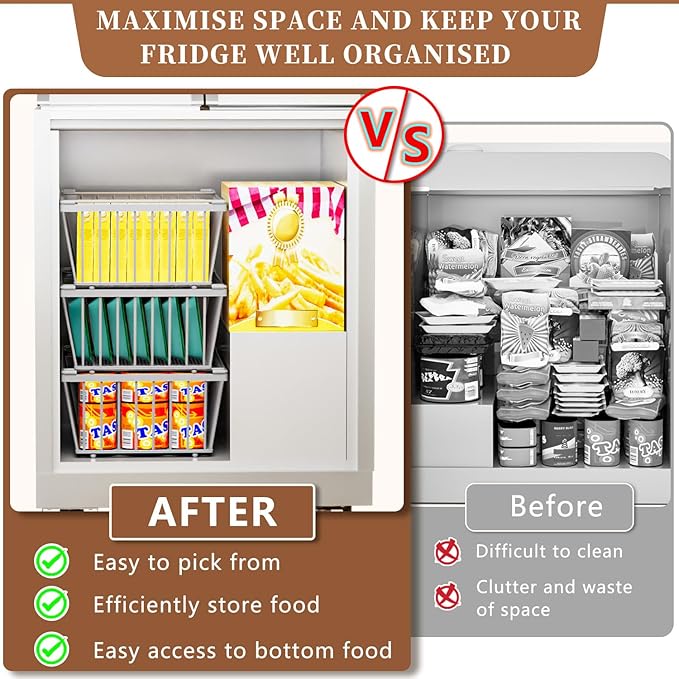 Freezer Organizer Bins ，Enhanced Leak-Proof Bottom，4 Pack Stackable Deep Freezer Organizer Bins for 5 Cu.FT Small Chest Freezer，Easy Get Bottom Foods without Digging （for 5 Cu.Ft