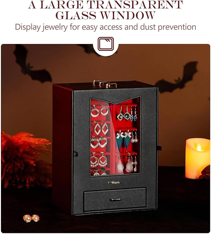 Homde Jewelry Organizer with Transparent Window Necklace Hooks Gift for Women Jewelry Box Display Case for Necklaces Rings Earrings Bracelets and Other Jewelry Accessories (Black + Red +Gold)