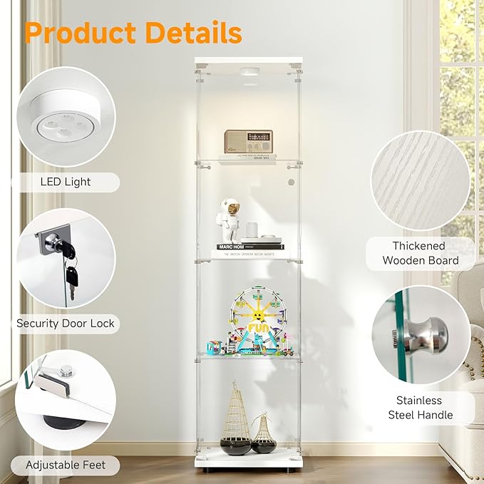 Tempered Glass Display Cabinet with Lights, 4-Tier Curio Cabinet with Glass Doors and Lock, Glass Display Case for Collectibles, for Living Room, Bedroom, Office, White, Single Door