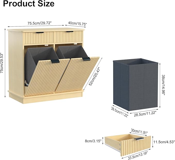 Natural Double Tilt Out Laundry Hamper Cabinet Laundry Basket Cabinet Hidden Laundry Hamper with 2 Drawers & 2 Baskets for Bathroom Bedroom,30x30x16in