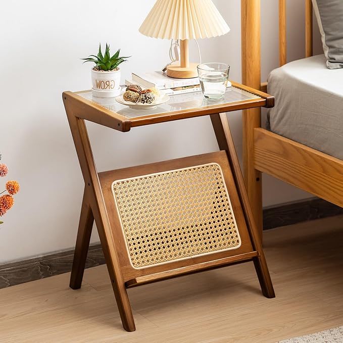 Giantex Rattan Side Table, Boho Nightstand with Glass Top & Magazine Rack, End Table with Storage, Bamboo Bedside Table for Small Space Living Room Bedroom (2, Walnut)