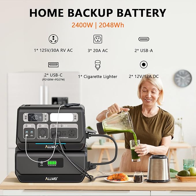 ALLWEI 2400W Portable Power Station (Surge 4800W) with 1x400W Solar Panel and 1x2048Wh Expansion Battery Included, 4 AC Outlet, LiFePO4 Battery Backup Generator for RV Camping Emergency Outdoor Home