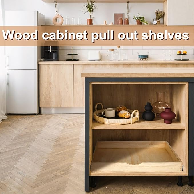 Menkxi 2 Set Pull out Tray Cabinet Organizer Wooden Pull Drawers storage Slide out Pantry Shelf for Base Cabinet Kitchen Gentle Close Fully Assembled Accessories(Wood Color,27'' X 21'' X 3")