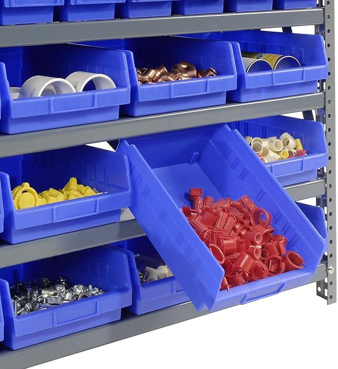 Global Industrial 7 Shelf Steel Shelving with (36) 4" H Plastic Shelf Bins, Gray Frame & Blue Bins, 36" W x 12" D x 39" H, Industrial or Commercial Storage, Assembly Required