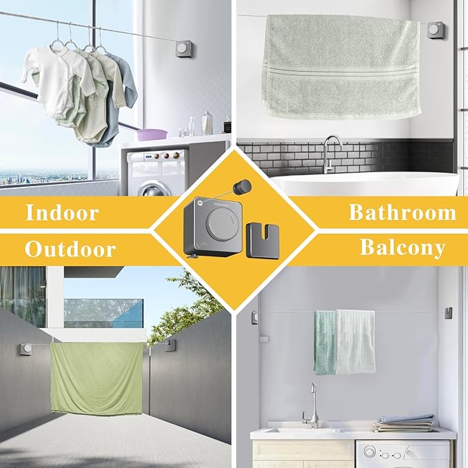 Retractable Clothesline Indoor, Non-Sagging Outdoor Clothes Line retracting,13.8 Ft Heavy-Duty Clothes Drying Laundry Line,Wall Mounted Stainless Steel Line（Grey）