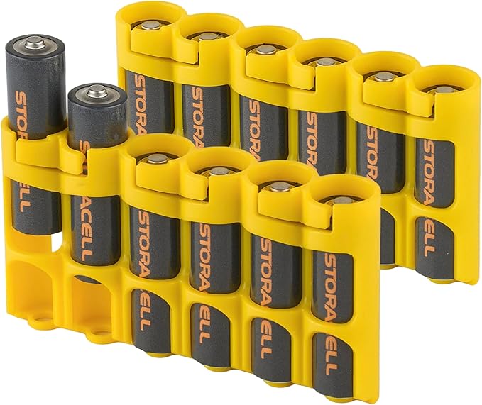 Storacell Slimline AA-6 Battery Storage Caddy and Dispenser (Pack of 2), Yellow, Holds 6 AA Batteries (Not Included), Durable & Compact Design, The Original Battery Caddy, Made in The USA