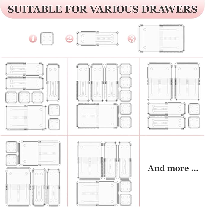 DILIBRA 16 Pcs Clear Extendable Drawer Organizer, Adjustable Drawer Storage 3-Size Desk Drawer Organizer, Plastic Non-Slip Storage Bins for Makeup, Cosmetic, Jewelries, Utensils, Stationery, Dressers