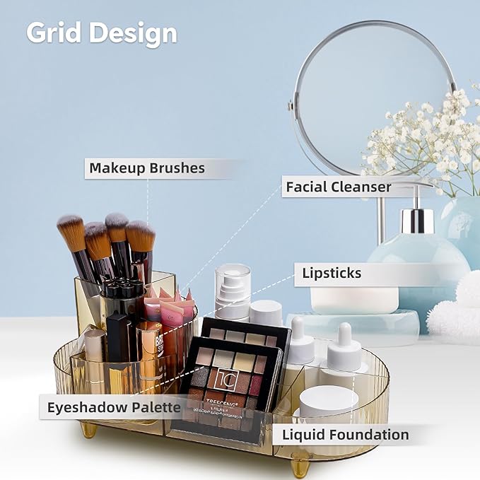 Cosmetic Makeup Storage Organizer, Countertop Makeup Perfume, Rotating Makeup Organizer for Vanity with Brush Holder, Lotions Display Case, Large Spinning Makeup Skincare Organizer (Transparent Gold)
