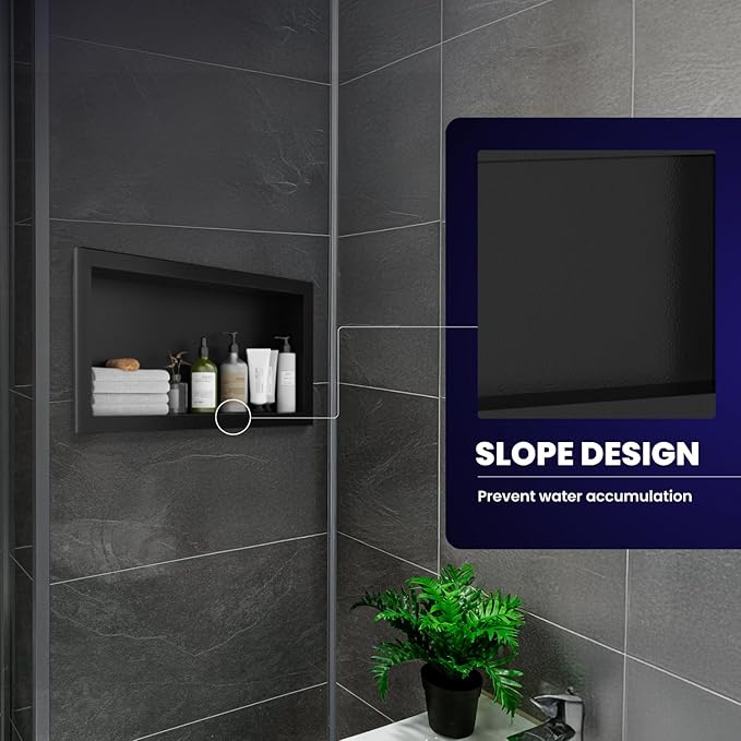 12" x 24" Stainless Steel Shower Niche, Single Waterproof Shelves, No-Tile Needed Bathroom Organizer, Rustproof Wall Shelf for Shampoo, Soap & Toiletries, Black