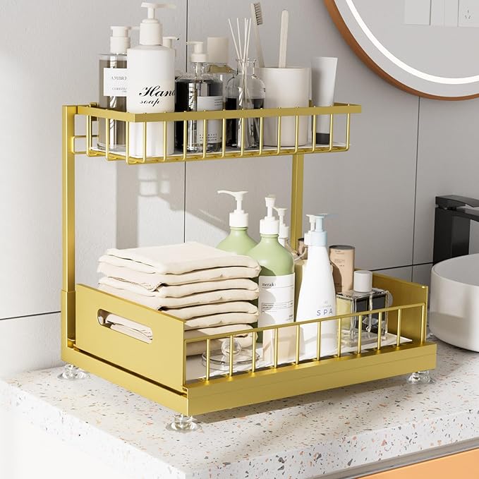 2 Pack Under Sink Organizer Storage 2-Tier Premium Metal Pull-Out Racks, Height Adjustable, Easy Installation | Kitchen & Bathroom Organizers