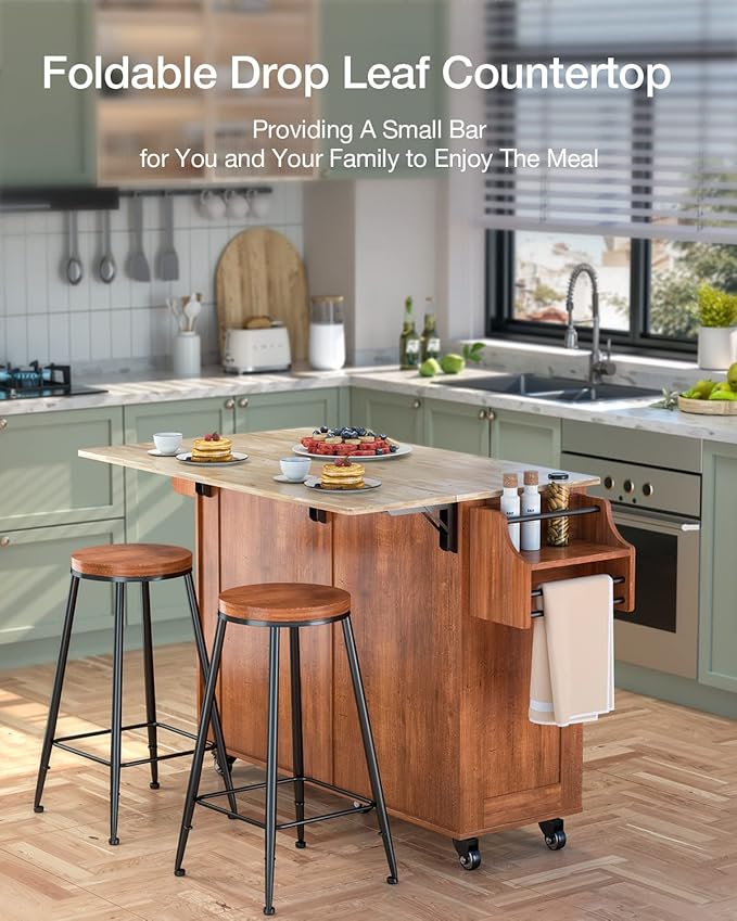 Kitchen Island with Drop Leaf and Storage, on Wheels Two Drawers, Large Storage Cabinet, Towel Rack Spice Cart Brown