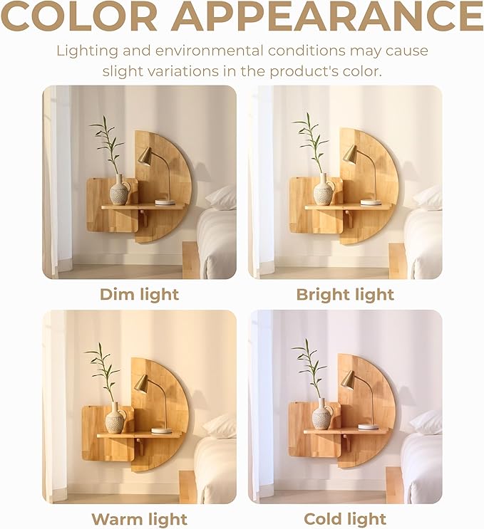 Behomes Soluna Solid Wood Floating Nightstand, Wall Mounted Bedside Nightstand, Mid Century Modern Floating Bed Side Table, Rustic Wooden Night Stand for Bedroom, Small Space Saving Shelf, Natural