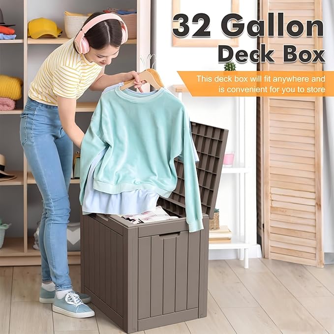 Outdoor Storage Box, Resin Deck Boxes Outdoor Waterproof For Patio Furniture, Garden Tools, Pool Supplies, UV Resistant, Lockable (32 Gallon, Grey)