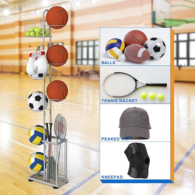 7 Tier Ball Storage Rack, Basketball Holder, Garage Sports Equipment Organizer with Basket & Hooks, Basketball Rack for Indoor/Outdoor, Ball rack for Basketballs Footballs Volleyball, Silver