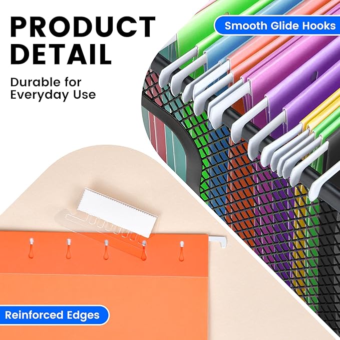 50-Pack Assorted Hanging File Folders, Letter Size with 55 Transparent Label Cards, 60 Sticker Labels,1/5-Cut Tabs–Home Office & Filing Cabinets