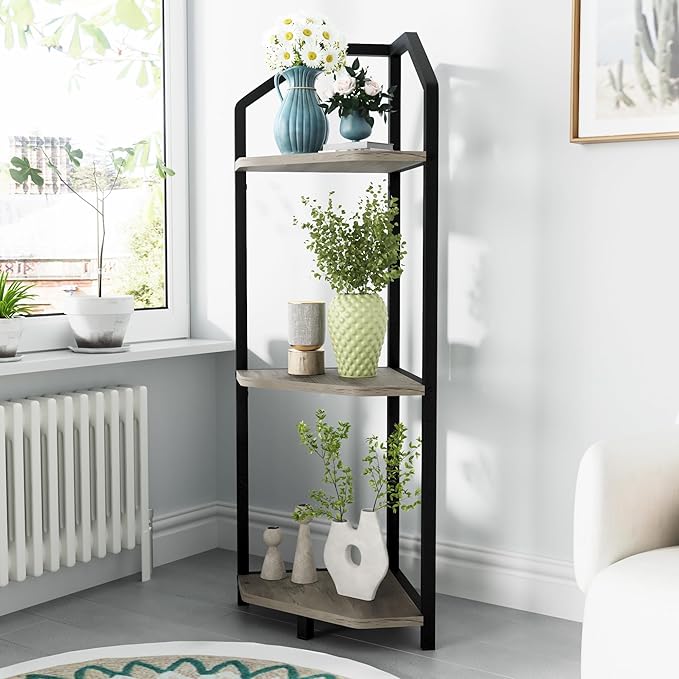 Fun Memories 3 Tier Corner Shelf, 40” Corner Shelf Stand, Corner Bookshelf Plant Stand, Storage Shelf for Bathroom, Living Room, Kitchen,Grey Home Office, Grey