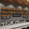 Solid Wood Wall Mounted Wine Rack, Large Wine Rack with LED Light, 4 Tiers Liquor Bottles Floating Shelves with Glass Holder, Industrial Bar Shelves for Home Bar Dining Room (102.4 IN/ 260CM)