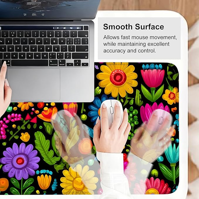 Folk Art Floral Mouse Pad – Large Extended Desk Mat 31.5 x 11.8 in– Colorful Boho Flowers on Black Background, Waterproof Surface, Non-Slip Rubber Base, Oversized Mouse & Keyboard Pad