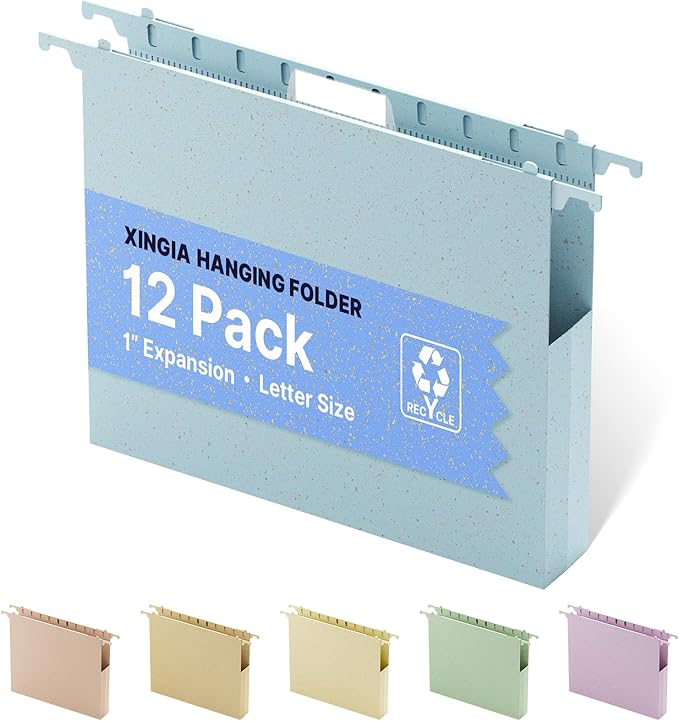 Extra Capacity Hanging File Folder Letter Size,12 Pack Heavy Duty 1 Inch Expansion Filing Cabinet Folders,Wheat Straw Plastic Hang Folder, Reinforced Hanging File Organizer(Morandi Blue)