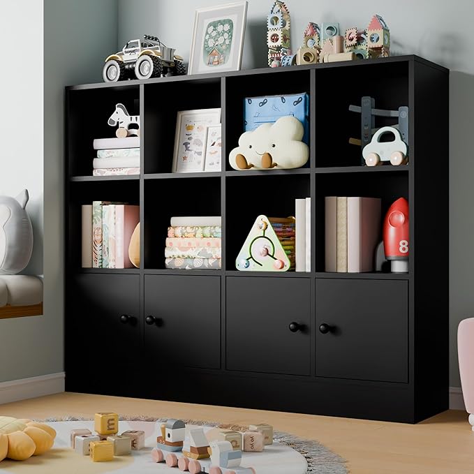 Cozy Castle Black Wood Bookcase,12 Cube Storage Organizer Bookshelf with 4 Doors,3 Tier Storage Cabinet with Adjustable Shelves for Bedroom, Living Room, Office