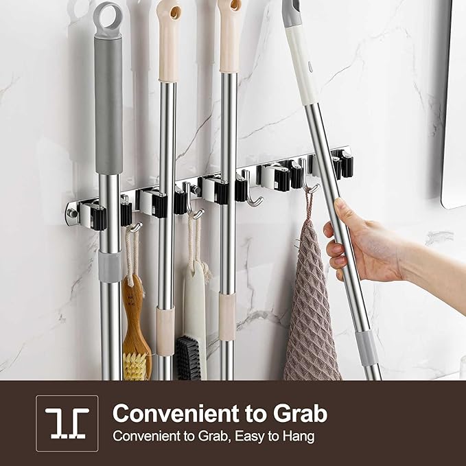 2 Pack Broom Holder Wall Mount, Stainless Steel Broom Hanger Wall Mount, Heavy Duty Mop and Broom Holder Tool Racks Utility Hooks for Laundry Room Garden Garage, Grey (5 Racks and 4 Hooks)