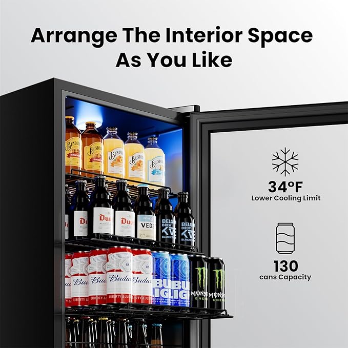 Yeego Beverage Refrigerator Cooler, 130 Cans Mini Fridge with Glass Door Beverage Fridge with Adjustable shelves for Soda Beer or Wine,Beverage Cooler with Digital Temperature Control for Home Office
