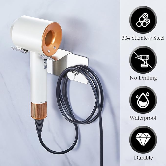 Hair Dryer Holder Wall Mount, Blow Dryer Holder for Wall, Adhesive Hairdryer Holder, Stainless Steel Blowdryer Holder, Bathroom Hair Tool Organizer, Hair Dryer Hanger Hook with Cord Storage (Silver)
