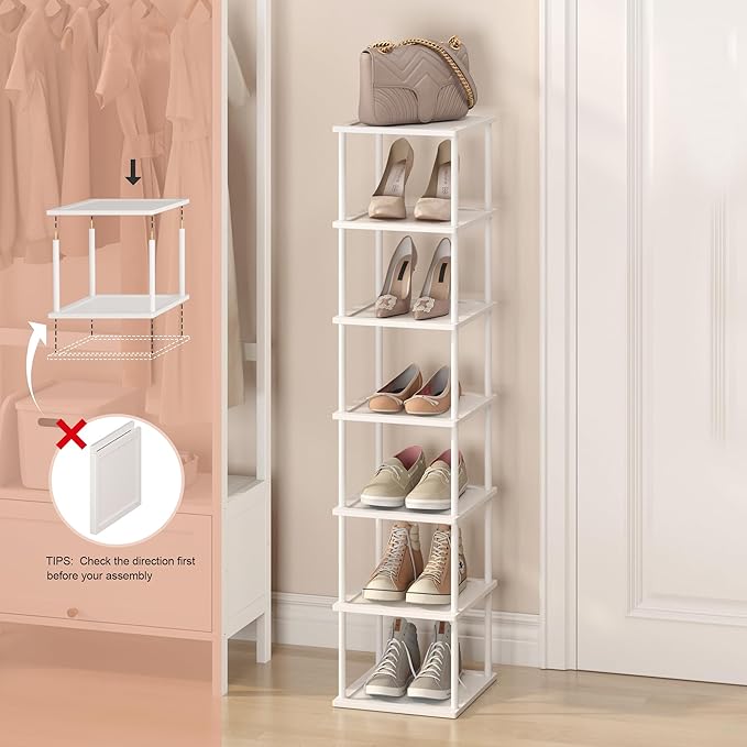 Bamboo Free Standing Shoe Rack Shelf Multi Tier Tall Wooden Stackable Shoes Rack Organizer for Closet Front Door Entrance Narrow Vertical Shoe Storage Rack for Corner Stand (White, 7 Tiers)