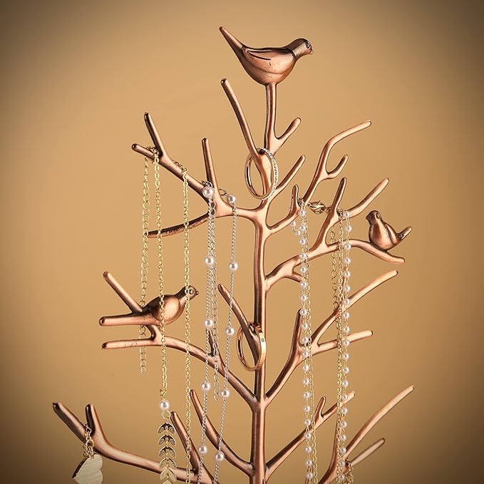 MORE&LESS Branch Jewelry Rack with wood tray,Retro color,Tree Tower Rack Hanging Organizer for Ring Earrings Necklace Bracelet,Suitable for living rooms, bathrooms,offices,etc.