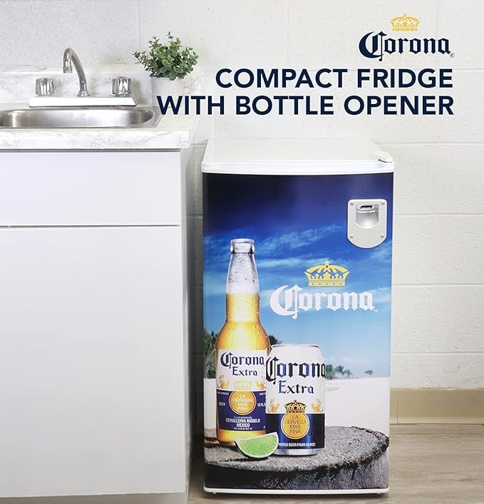 Corona Compact Fridge with Bottle Opener, 90 L/ 95 Quart 3.2 Cubic Foot for Snacks, Beverages, Juice, Beer, Den, Dorm, Office, Games Room, or RV