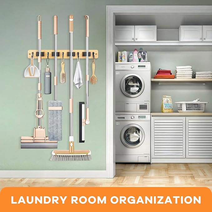 IMILLET Mop and Broom Holder Wall Mount, Bamboo Broom Hanger with 4 Racks and 5 Hooks, Laundry Room Decor, Self Adhesive Over the Door Broom Organizer, Wall Organizer for Home Garage Closet (1 Pack)
