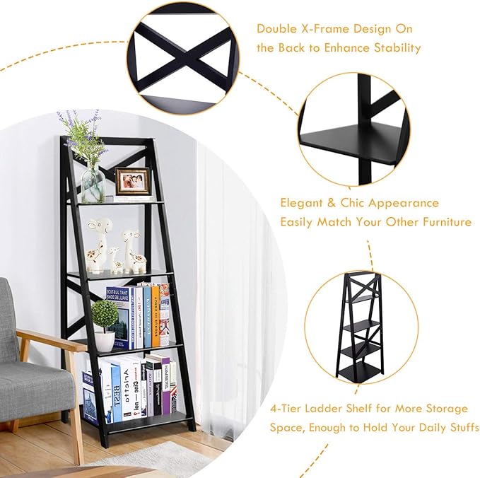 Tangkula 4-Tier Ladder Shelf Bookcase Leaning Free Standing Wooden Frame Decor Bookshelf Storage Flower Shelf Plant Display Shelf for Home Office (1, Black)
