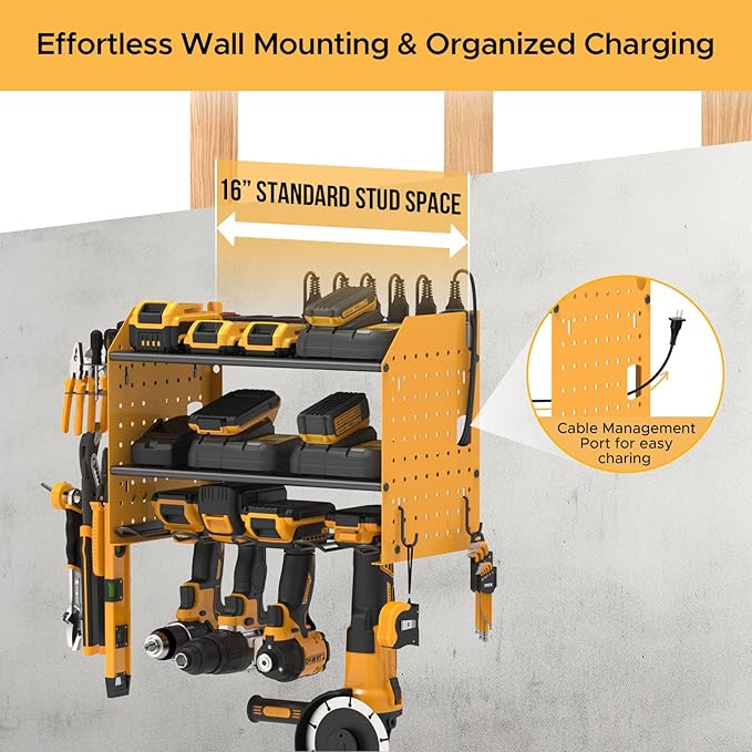 CRST Power Tool Organizer Wall Mount with Charging Station, Cordless Drill Holder with 8-Outlet Power Strip, Modular Garage Organization Storage Rack Shelf, DIY Pegboard, Gift for Men Yellow
