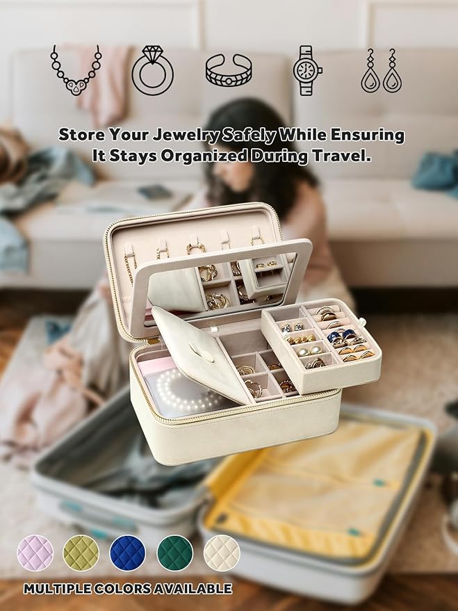 Velvet Travel Jewelry Box with Large Mirror, Double-Layer Jewelry Organizer Case for Women and Girls, Portable Storage Case with 6 Anti-Tarnish Bags Gift Ready for Her (Beige)