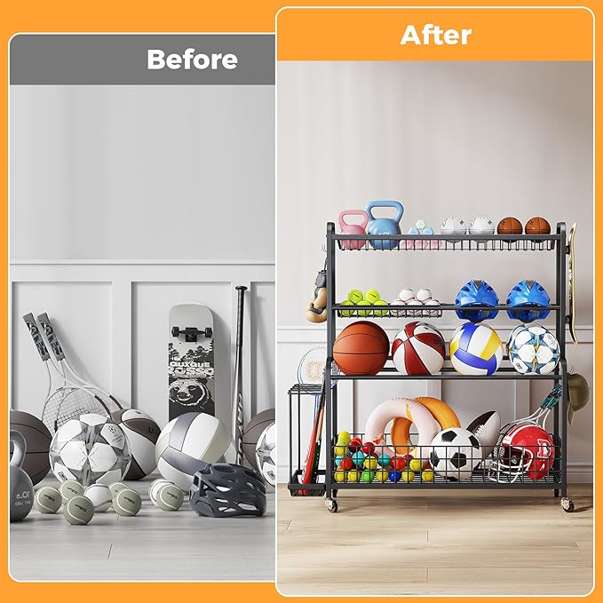 VOPEAK Oversized Sports Equipment Organizer, 4 Layers Rolling Ball Storage Rack for Garage Storage with Wheels Removable Hooks and Baskets Large Capacity Black Ball Holder for Toy Sports Gear Storage