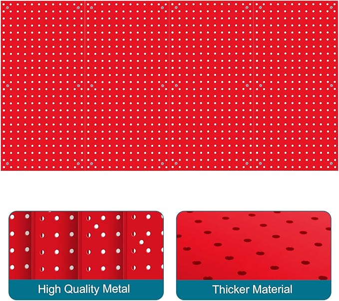 Peg Board,Pegboard Rack Garage Storage Steel Horizontal Peg Board Pack,Steel Pegboard Heavy Duty- 4 Pack 12-Inch X 24-Inch Metal Peg Board Tool Organization Panels (Red)