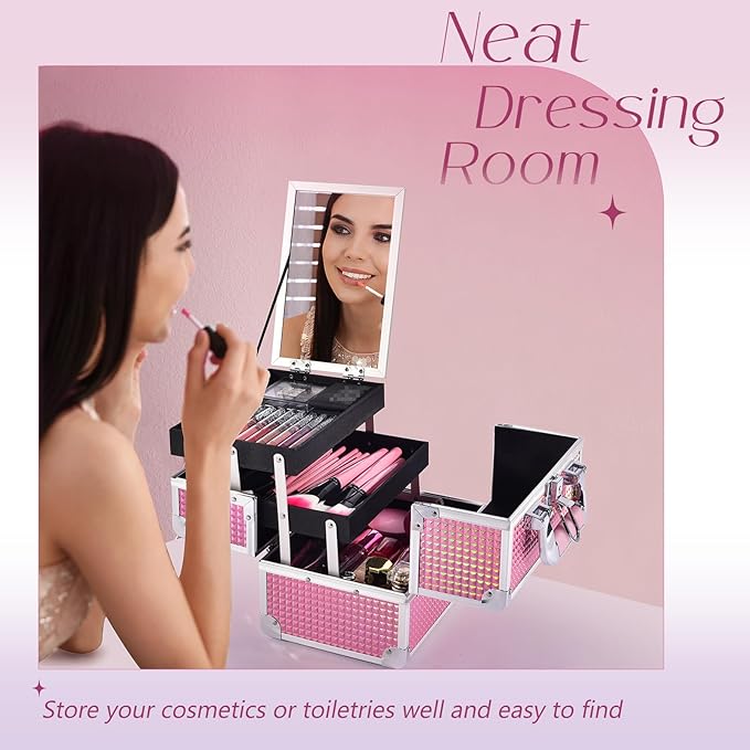 Joligrace Makeup Train Case Makeup Case Organizer Portable Cosmetic Box Storage with 2 Trays Mirror Locking Make Up Travel Case for Nail Kits Cosmetics Craft Traveling Makeup Box Mermaid Pink