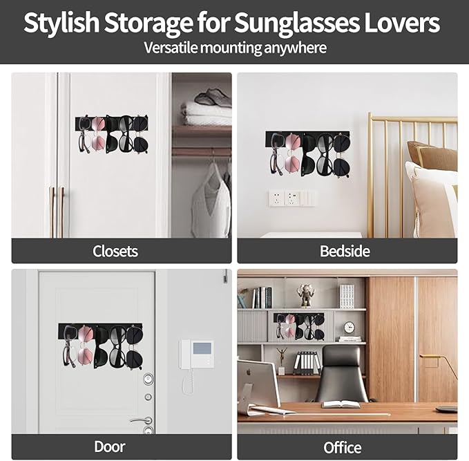 2 Pack Wooden Sunglasses Organizer Wall Mounted - Rustic Sunglass Holder for Wall, RV, Garage Door, Office & Home Decor - Glasses Storage Display Rack Gift for Women, Husband, Sunglass Lovers